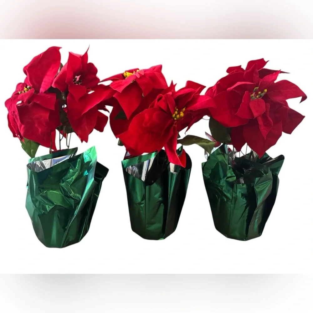 Faux poinsetta & berry potted plants NEW NWT 3 total Christmas decor 15 in tall